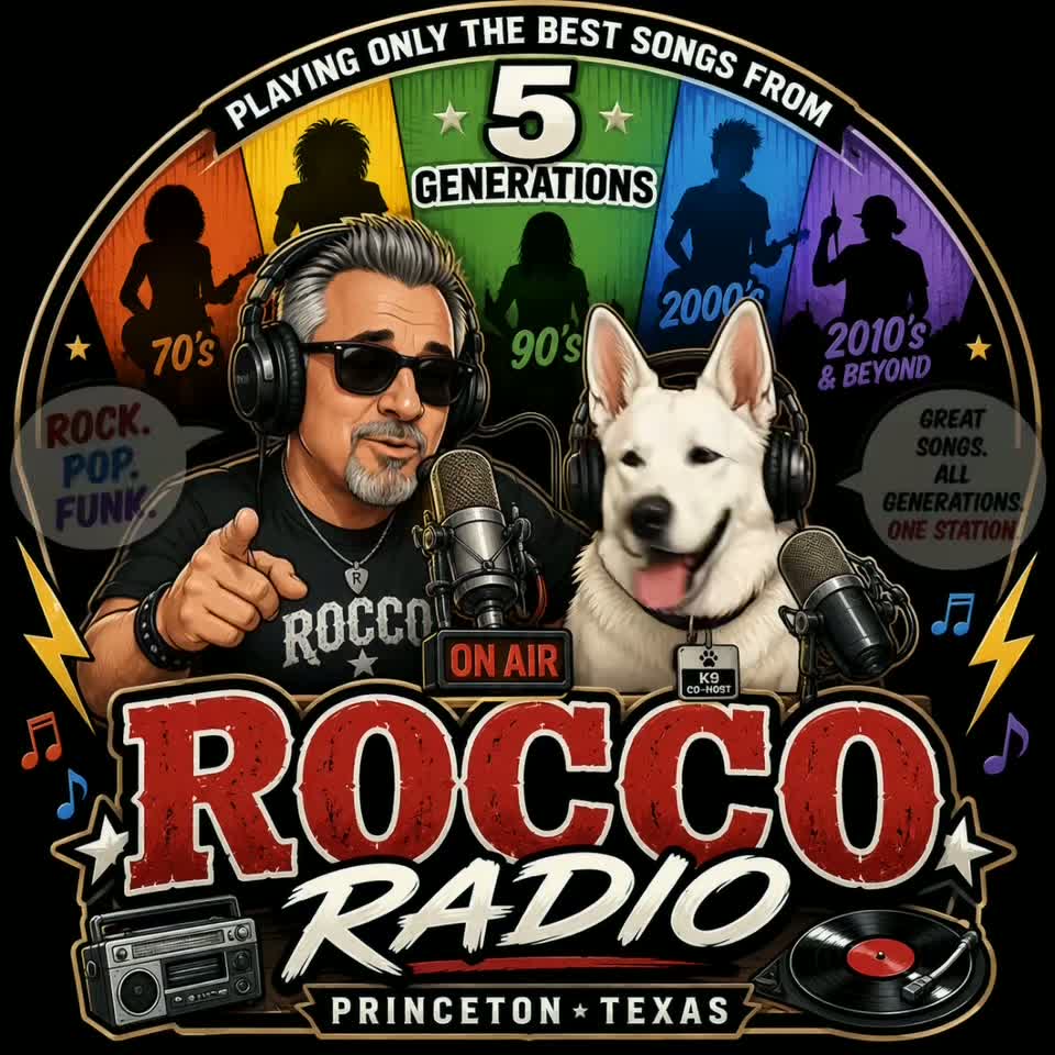 Mitchell Chase, host of Rocco Radio, with his white shepherd K9 co-host